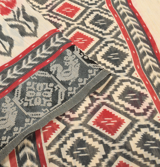 Sushila Vintage Beige Black Ikat Saree Hand Woven Border Pure Cotton Silk Sari