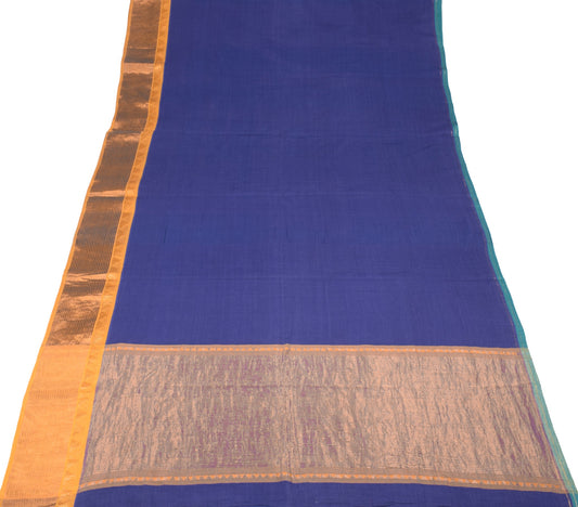 Sushila Vintage Blue Pure Cotton Saree Stripes Zari Border Pallu Woven Sari