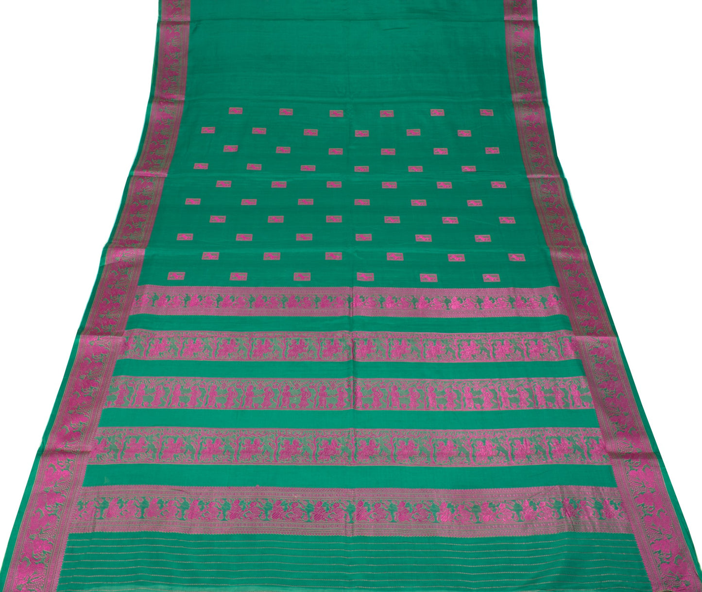 Sushila Vintage Teal Green Saree Pure Cotton Vishnupuri Baluchari Sari Fabric