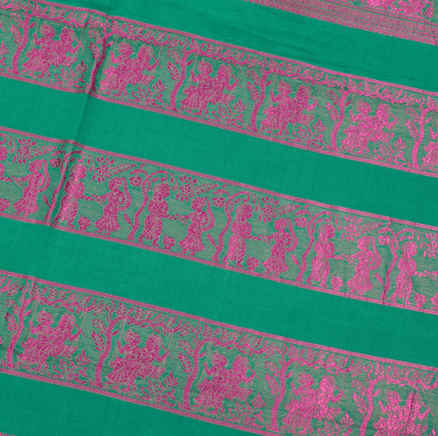 Sushila Vintage Teal Green Saree Pure Cotton Vishnupuri Baluchari Sari Fabric