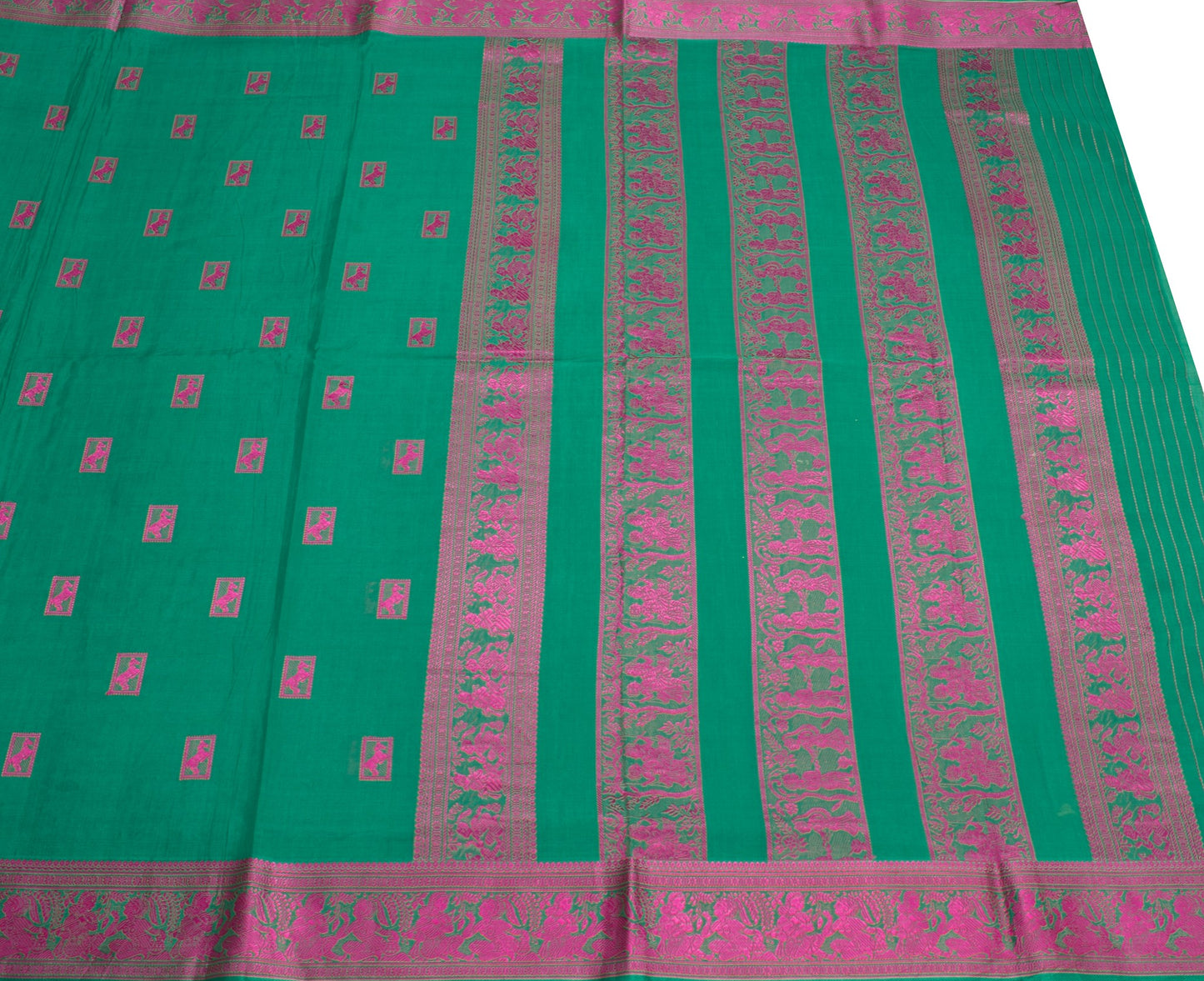 Sushila Vintage Teal Green Saree Pure Cotton Vishnupuri Baluchari Sari Fabric