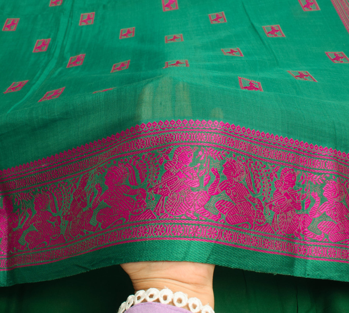 Sushila Vintage Teal Green Saree Pure Cotton Vishnupuri Baluchari Sari Fabric
