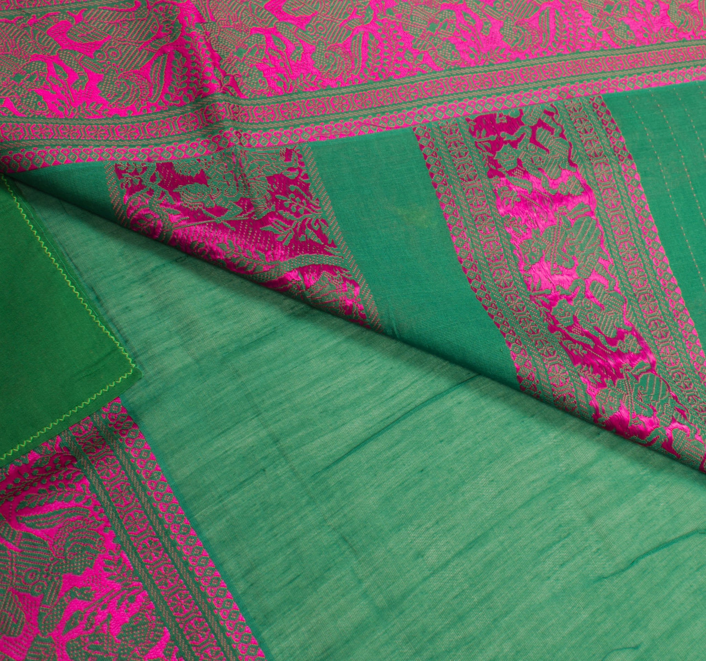 Sushila Vintage Teal Green Saree Pure Cotton Vishnupuri Baluchari Sari Fabric