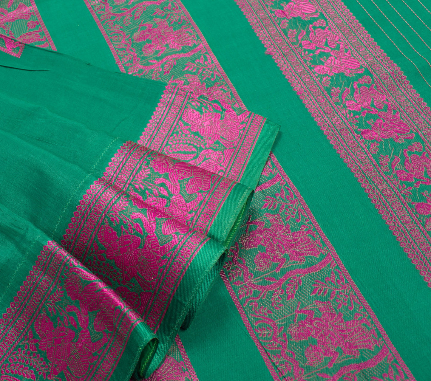 Sushila Vintage Teal Green Saree Pure Cotton Vishnupuri Baluchari Sari Fabric