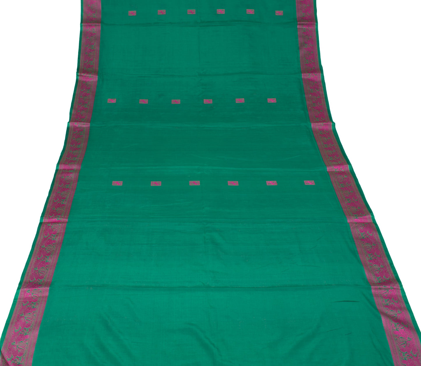 Sushila Vintage Teal Green Saree Pure Cotton Vishnupuri Baluchari Sari Fabric