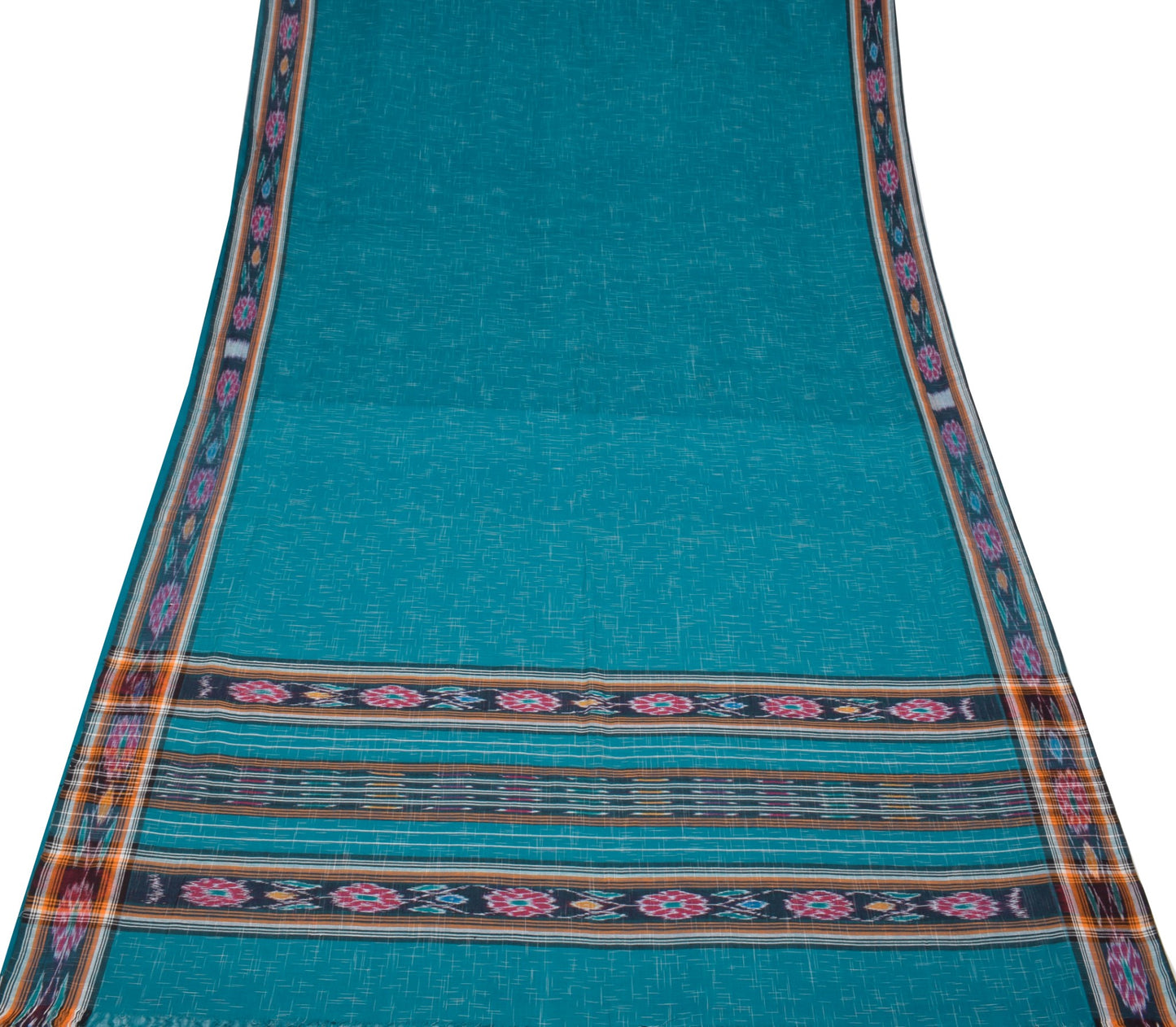 Sushila Vintage Teal Blue Saree Hand Woven Sambalpuri Ikat Pure Cotton 5Yd Sari