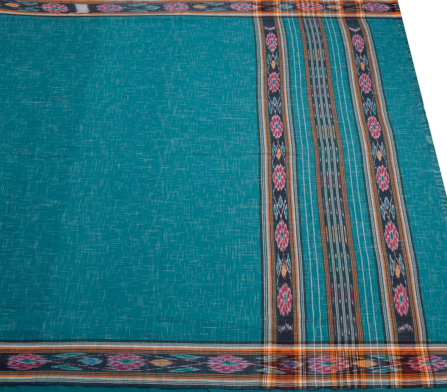 Sushila Vintage Teal Blue Saree Hand Woven Sambalpuri Ikat Pure Cotton 5Yd Sari