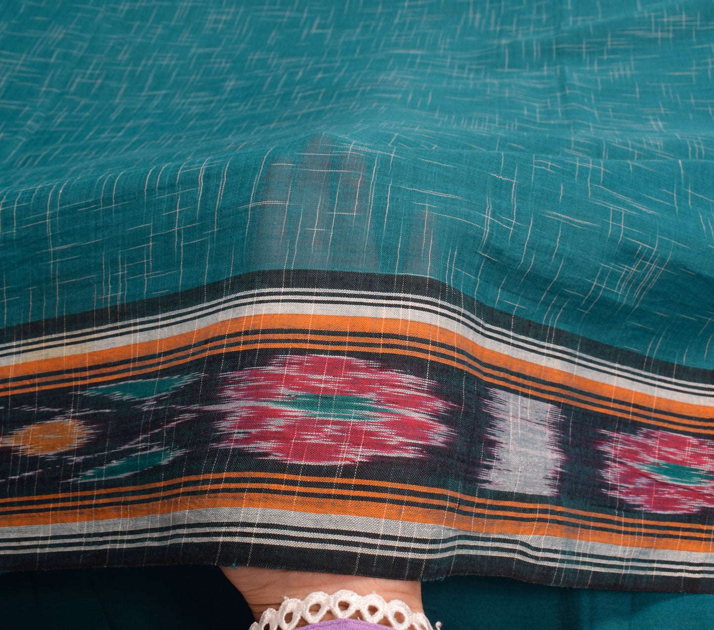 Sushila Vintage Teal Blue Saree Hand Woven Sambalpuri Ikat Pure Cotton 5Yd Sari