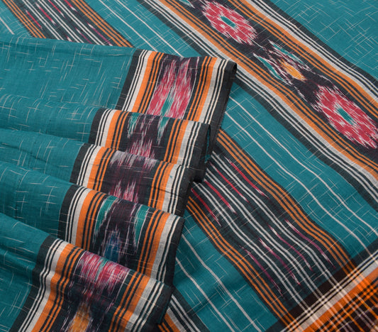 Sushila Vintage Teal Blue Saree Hand Woven Sambalpuri Ikat Pure Cotton 5Yd Sari