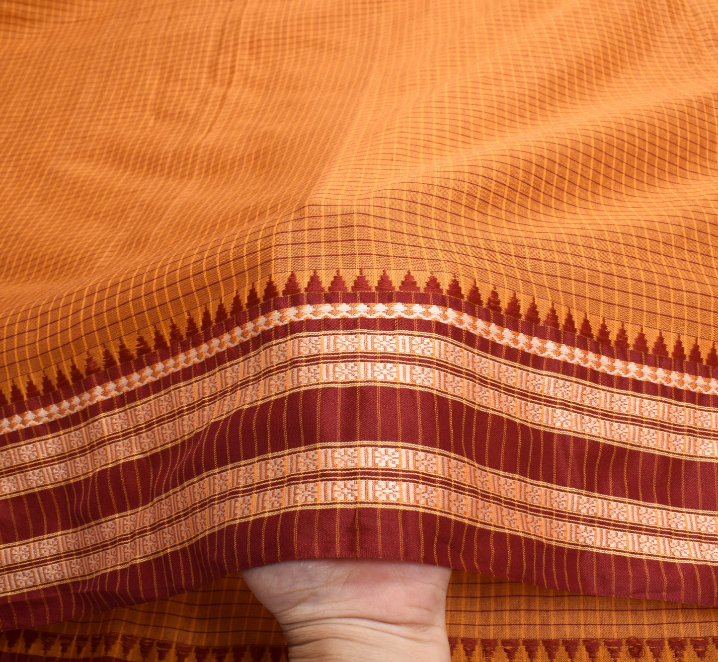 Sushila Vintage Rust Checks Saree Rudraksh Border Art Cotton Silk Woven Sari