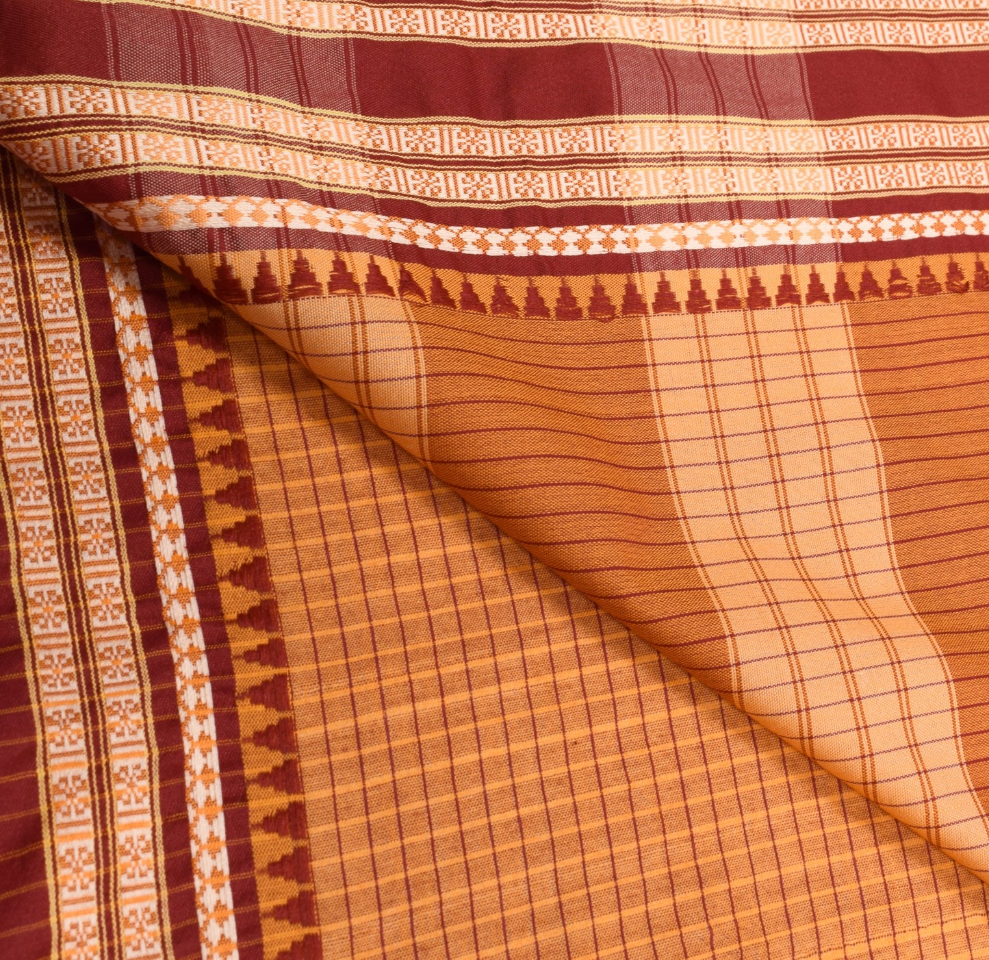 Sushila Vintage Rust Checks Saree Rudraksh Border Art Cotton Silk Woven Sari
