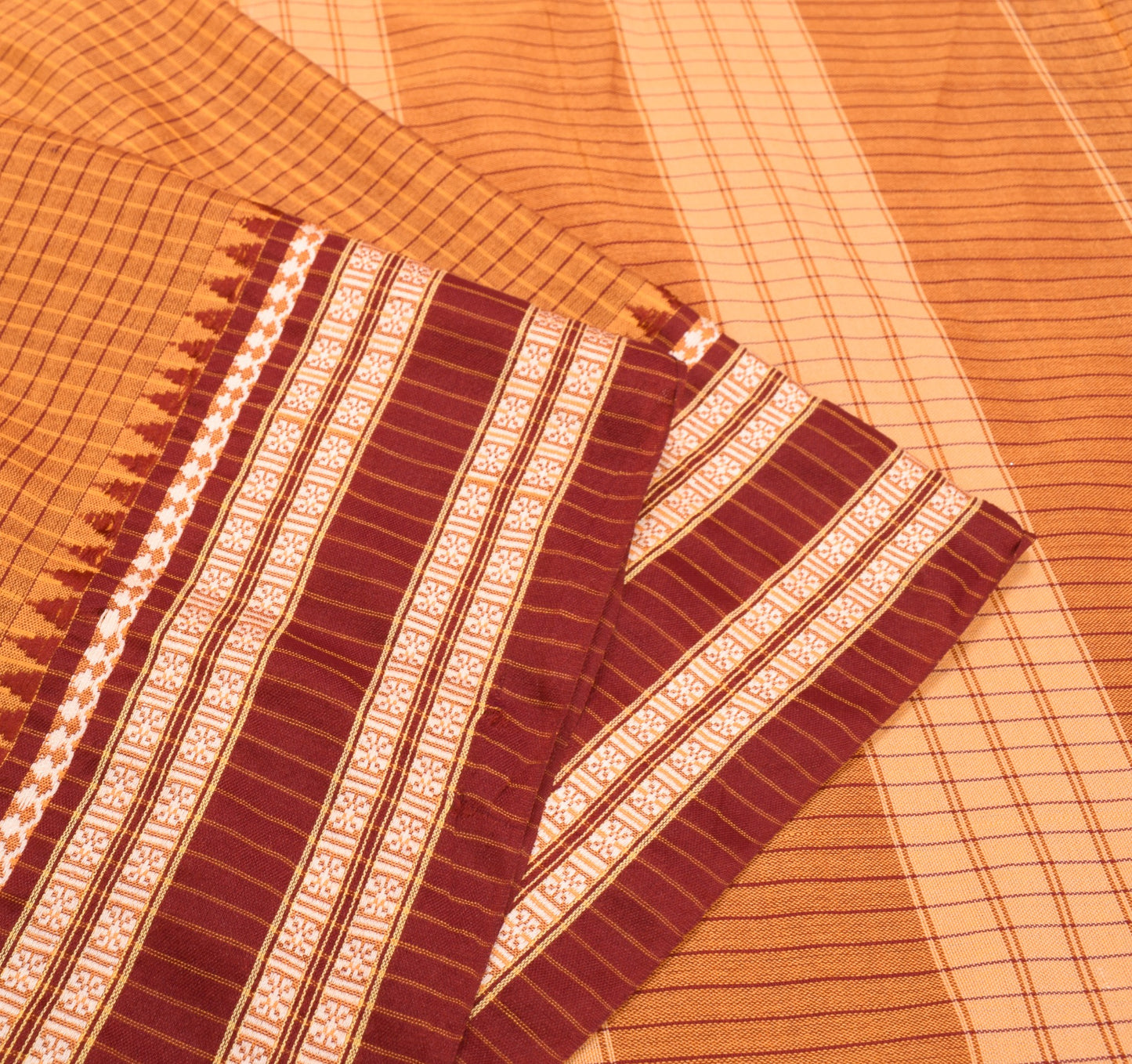 Sushila Vintage Rust Checks Saree Rudraksh Border Art Cotton Silk Woven Sari