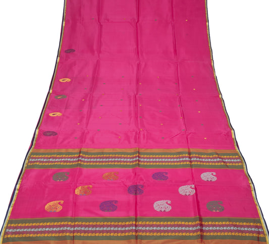 Sushila Vintage Magenta Saree Paisley Pure Cotton Silk Zari Woven Sari Fabric