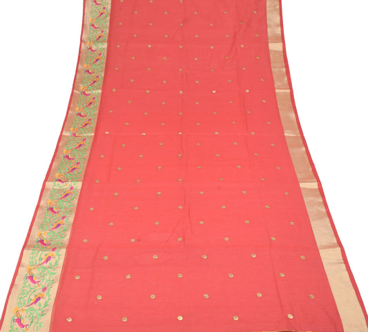 Sushila Vintage Red Paithani Saree Pure Cotton Silk Birds Embroidery Sari Fabric