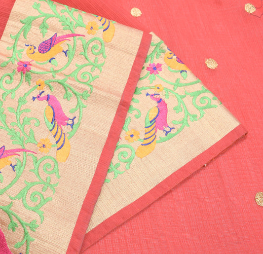 Sushila Vintage Red Paithani Saree Pure Cotton Silk Birds Embroidery Sari Fabric