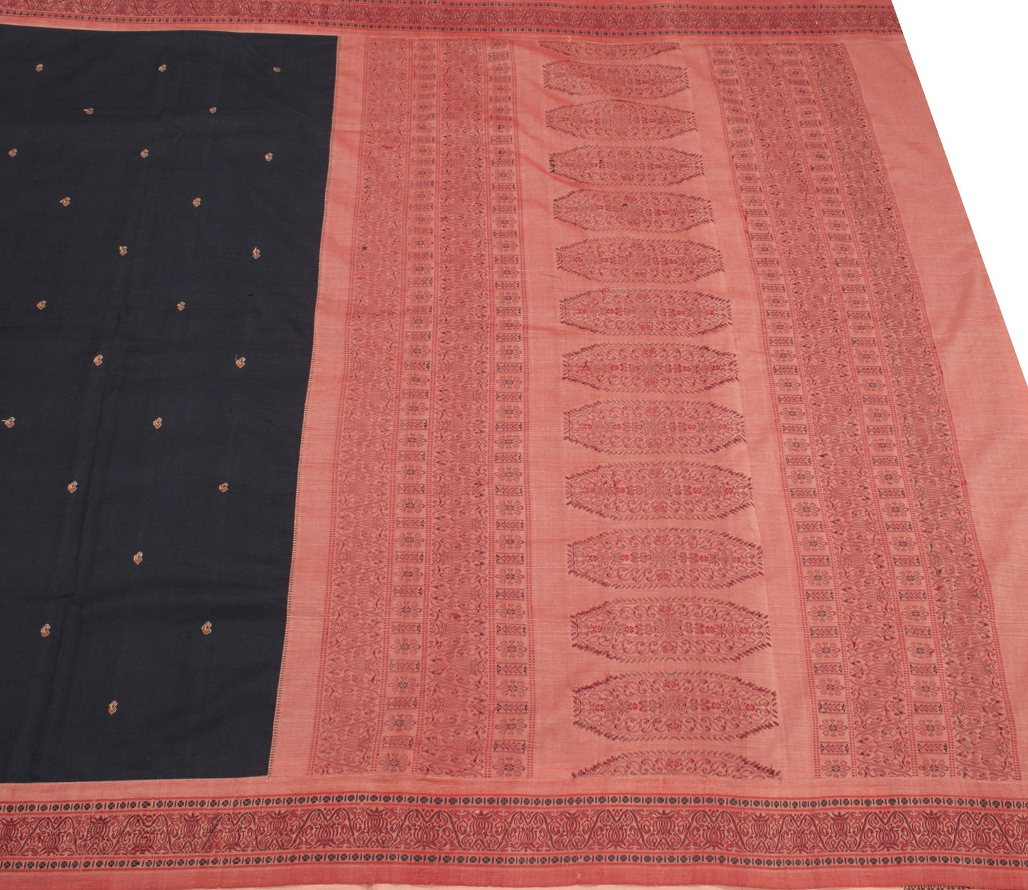 Sushila Vintage Black Hand Woven Saree Pure Cotton Silk Paisley Soft Sari Fabric