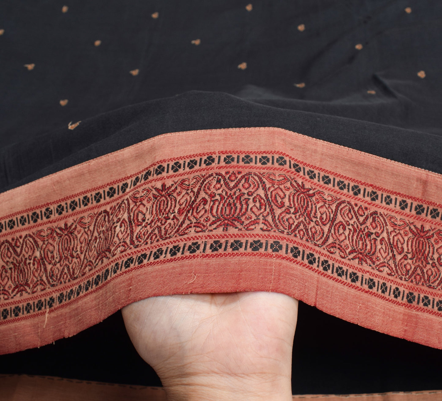 Sushila Vintage Black Hand Woven Saree Pure Cotton Silk Paisley Soft Sari Fabric