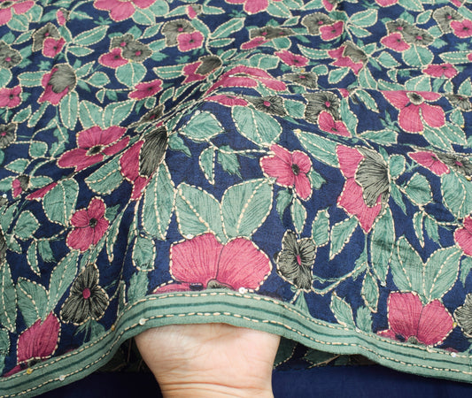 Sushila Vintage Dark Blue Floral Saree Hand Embroidered Kantha Pure Silk Sari