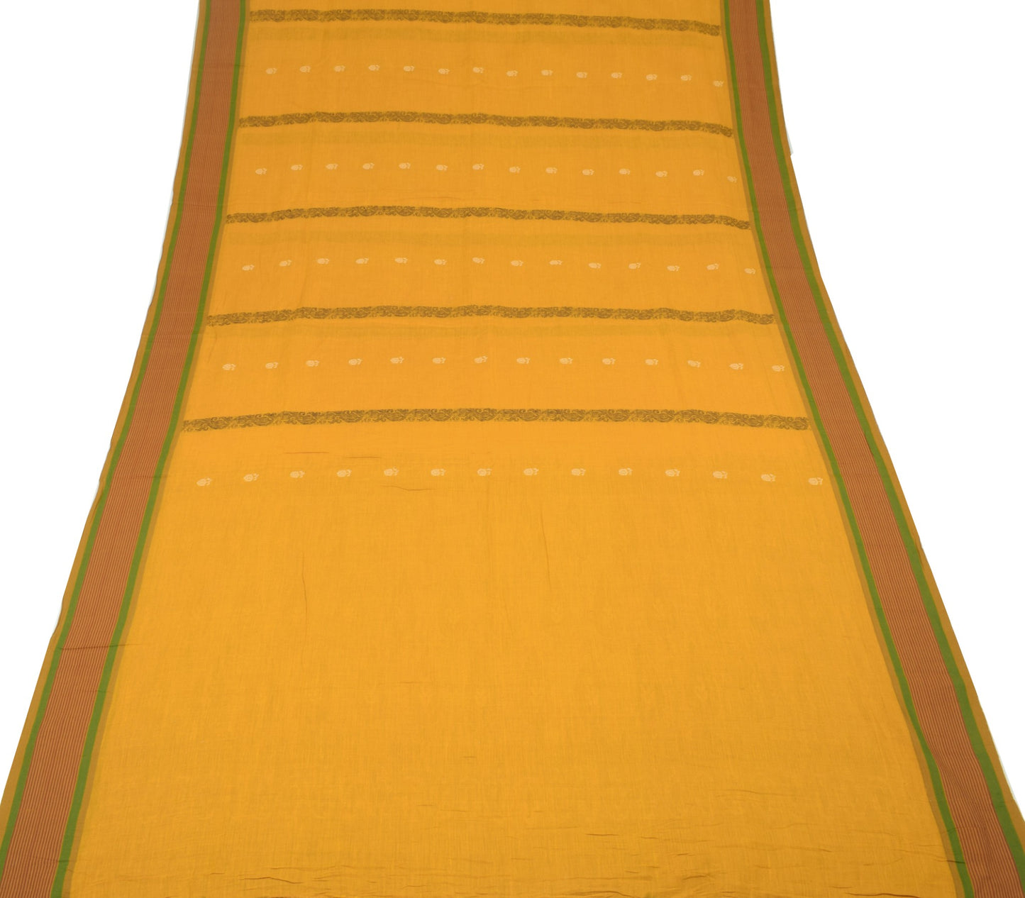 Sushila Vintage Floral Woven Saree Stripe Border Mustard Pure Cotton Sari Fabric