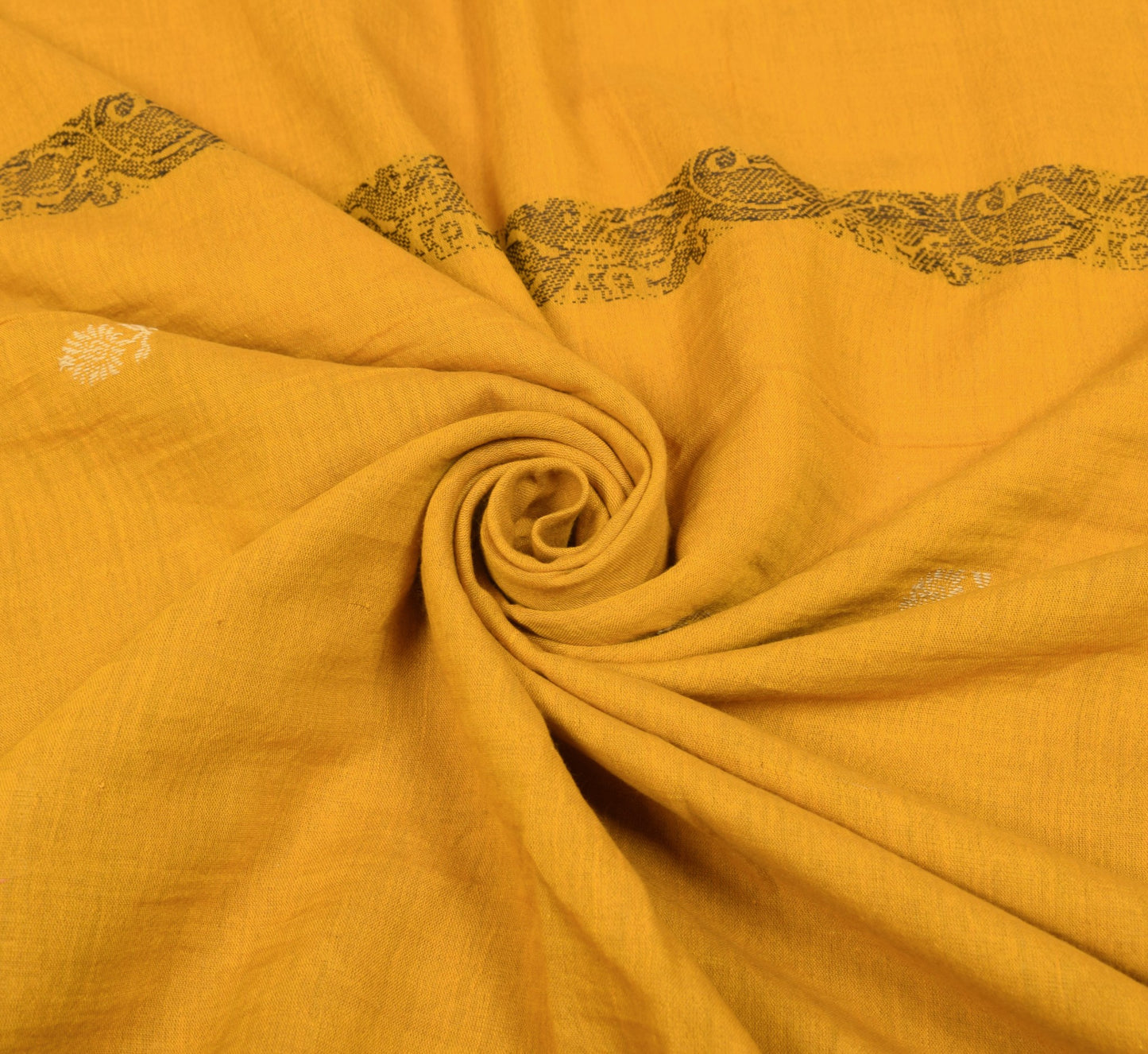 Sushila Vintage Floral Woven Saree Stripe Border Mustard Pure Cotton Sari Fabric