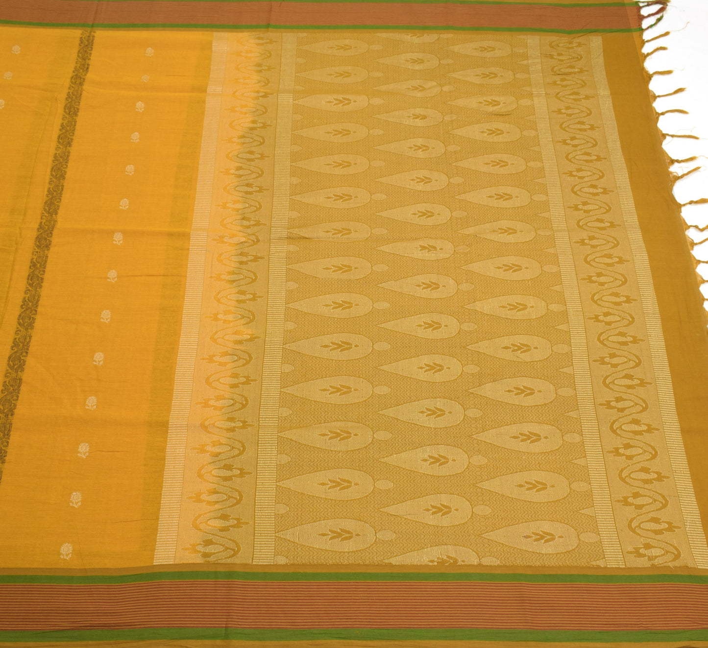 Sushila Vintage Floral Woven Saree Stripe Border Mustard Pure Cotton Sari Fabric