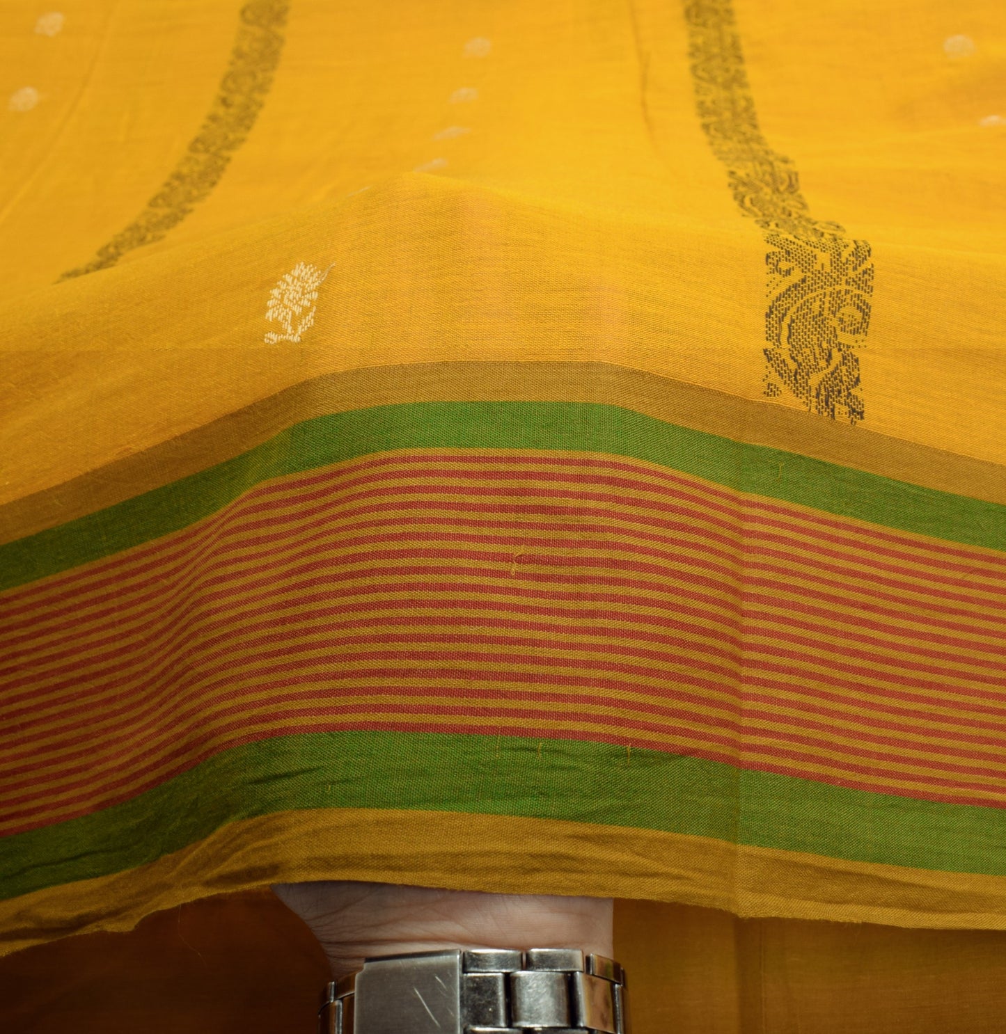 Sushila Vintage Floral Woven Saree Stripe Border Mustard Pure Cotton Sari Fabric