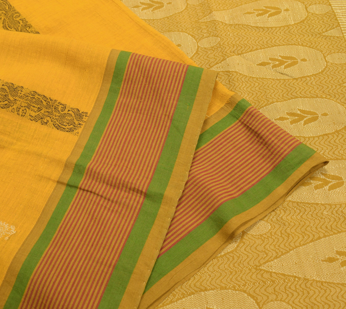 Sushila Vintage Floral Woven Saree Stripe Border Mustard Pure Cotton Sari Fabric
