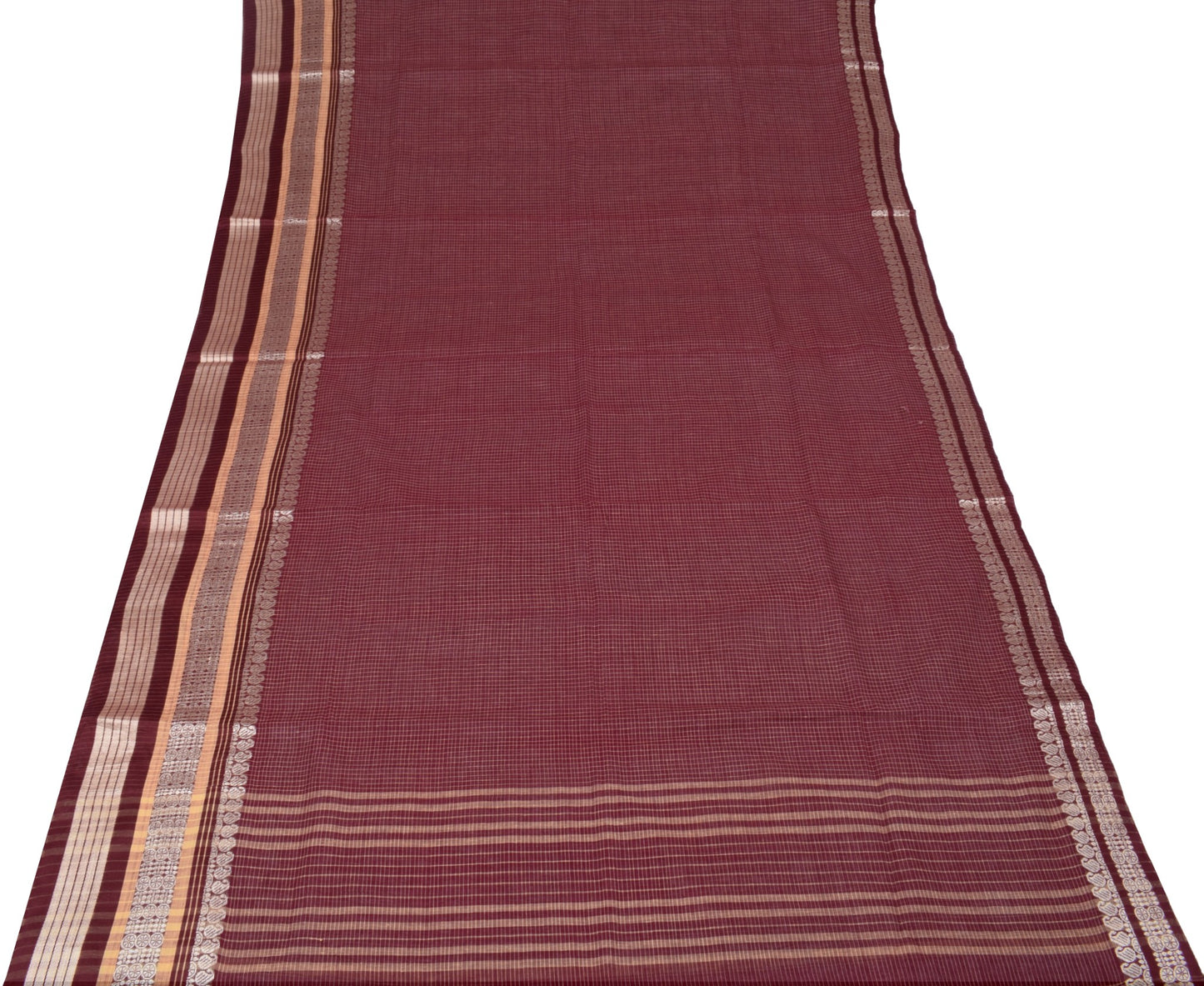 Sushila Vintage Maroon Checks Saree Pure Cotton Broad Border Woven Sari Fabric