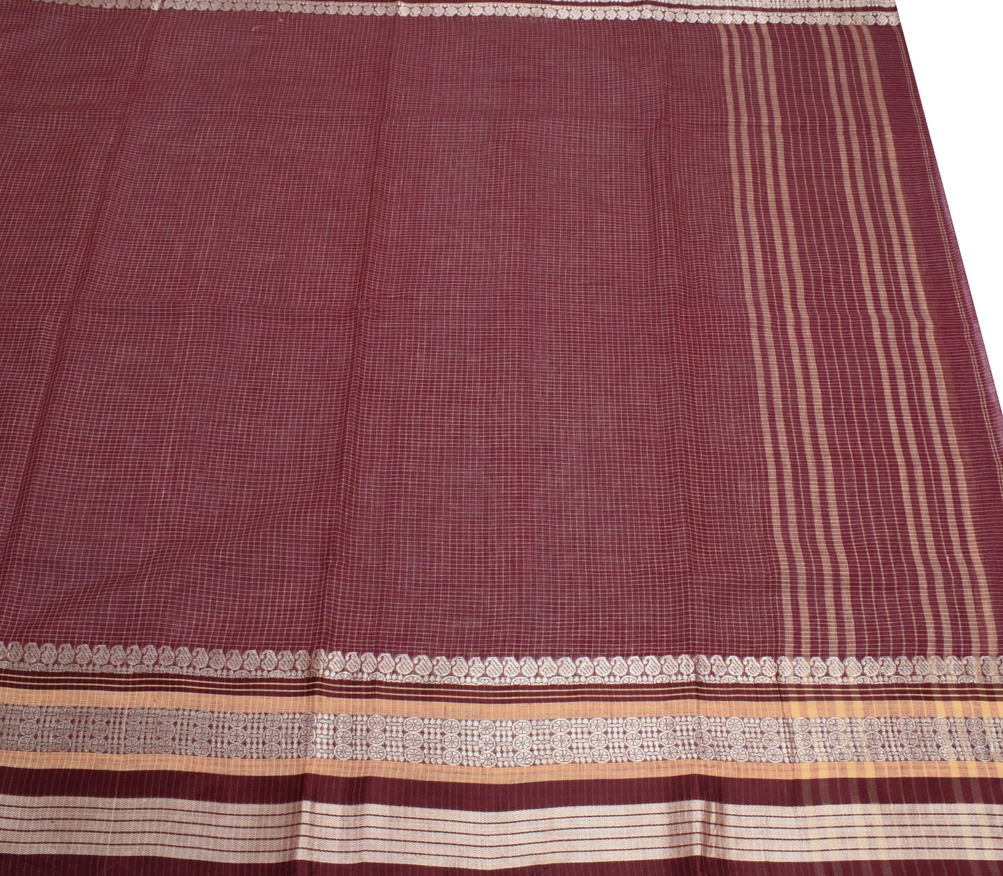 Sushila Vintage Maroon Checks Saree Pure Cotton Broad Border Woven Sari Fabric