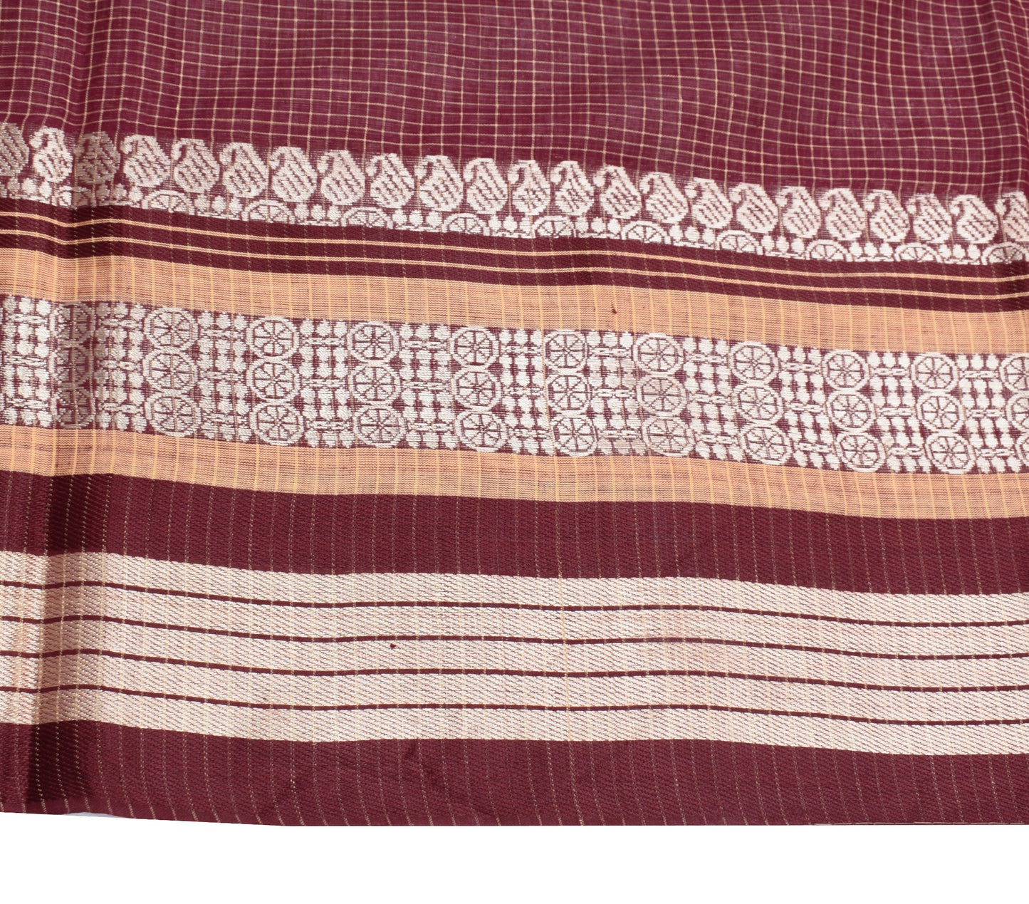 Sushila Vintage Maroon Checks Saree Pure Cotton Broad Border Woven Sari Fabric