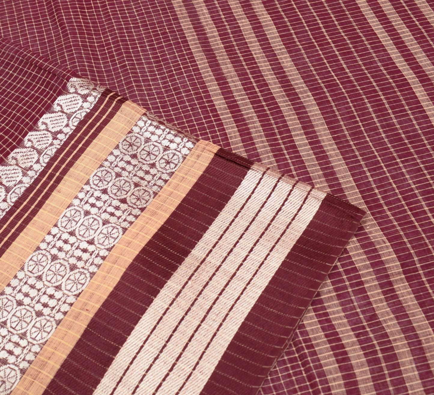 Sushila Vintage Maroon Checks Saree Pure Cotton Broad Border Woven Sari Fabric