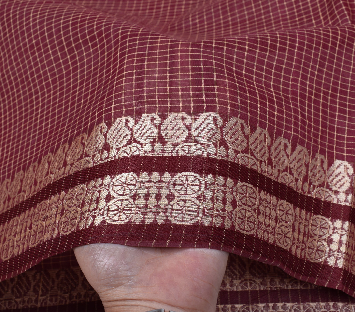 Sushila Vintage Maroon Checks Saree Pure Cotton Broad Border Woven Sari Fabric