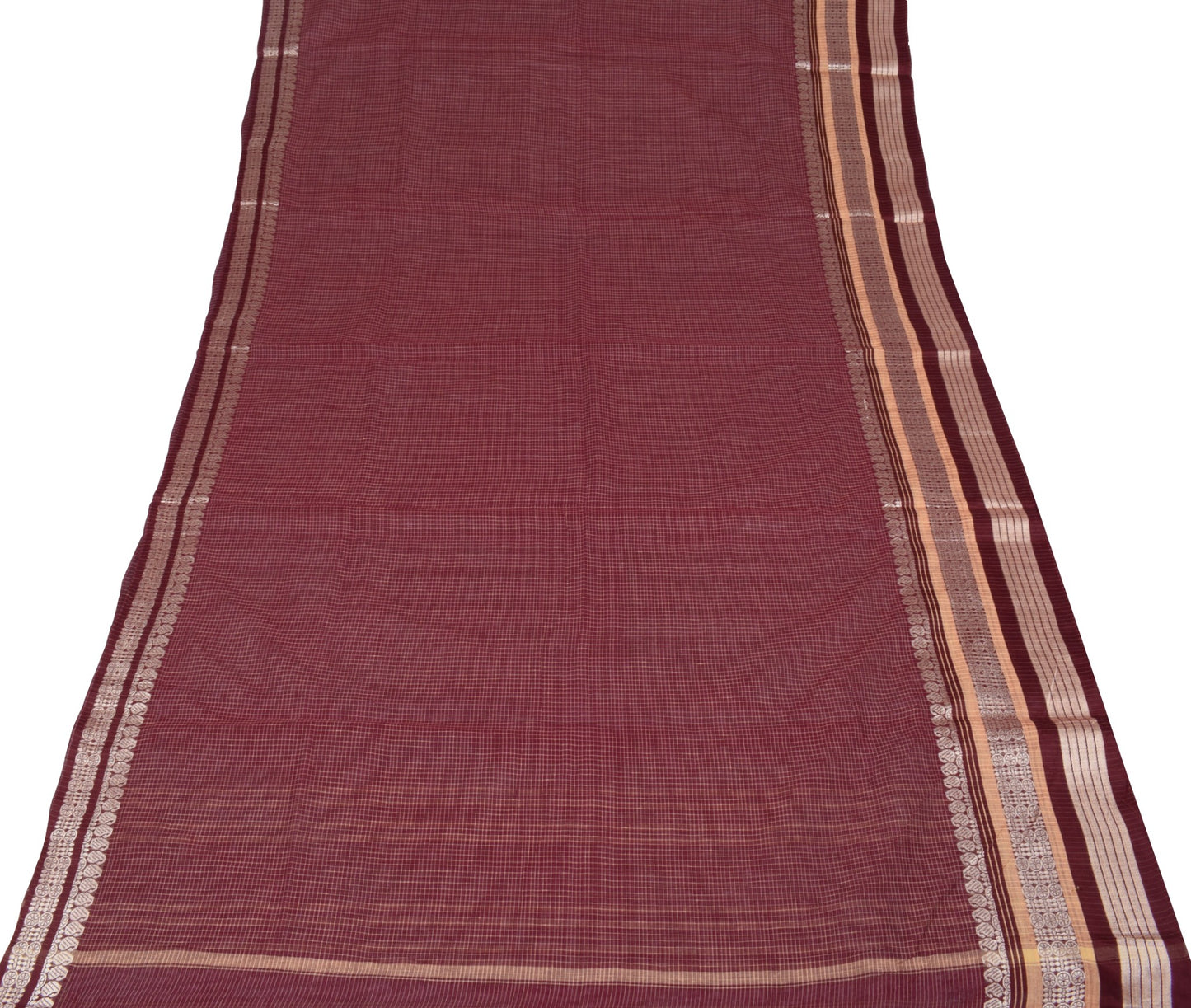 Sushila Vintage Maroon Checks Saree Pure Cotton Broad Border Woven Sari Fabric