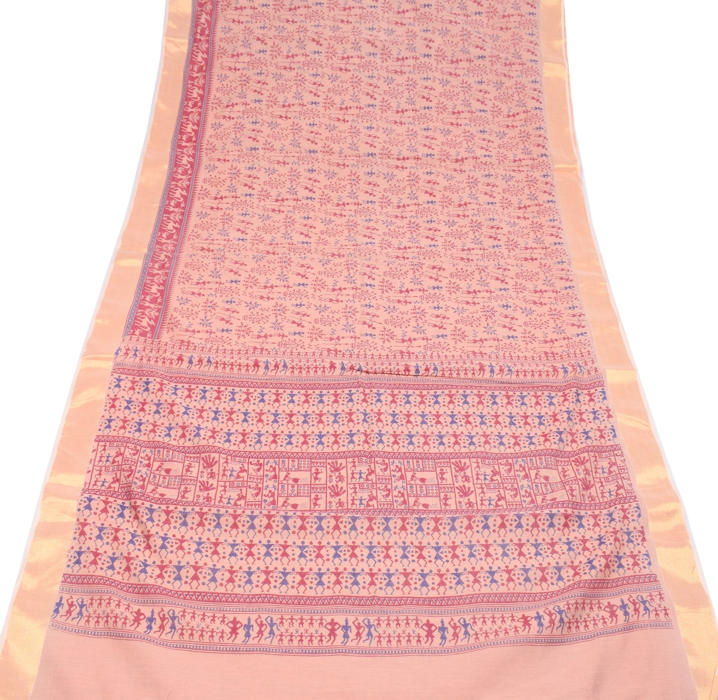 Sushila Vintage Peach Saree Pure Cotton Silk Hand Printed Warli Art Sari Fabric