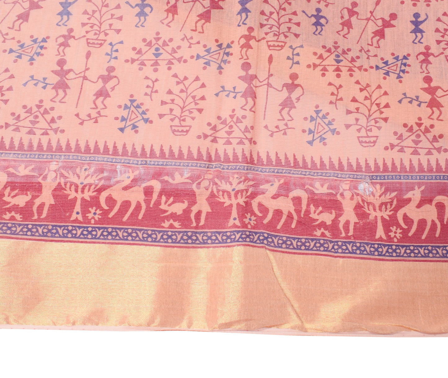Sushila Vintage Peach Saree Pure Cotton Silk Hand Printed Warli Art Sari Fabric