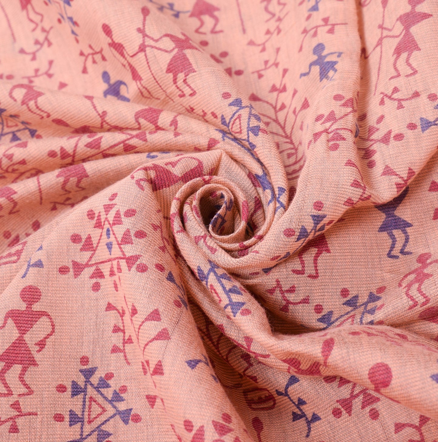 Sushila Vintage Peach Saree Pure Cotton Silk Hand Printed Warli Art Sari Fabric