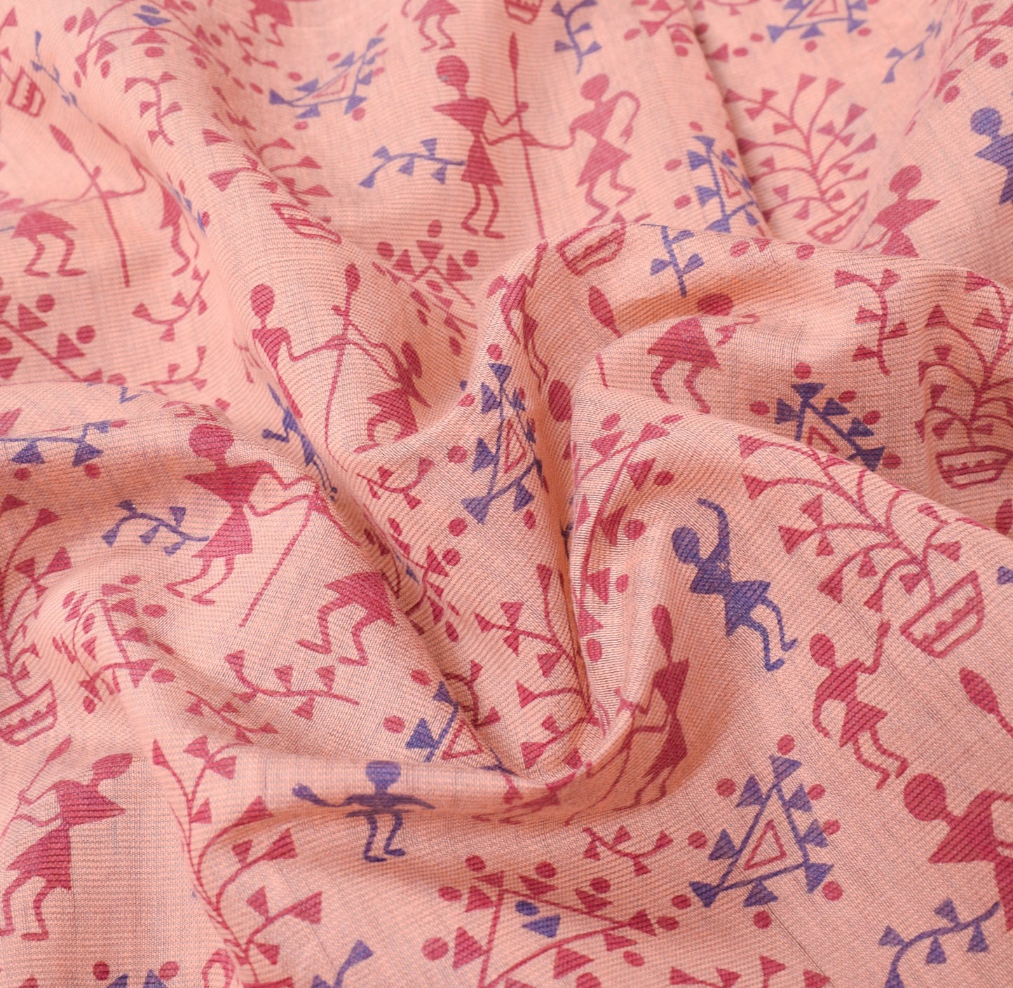 Sushila Vintage Peach Saree Pure Cotton Silk Hand Printed Warli Art Sari Fabric