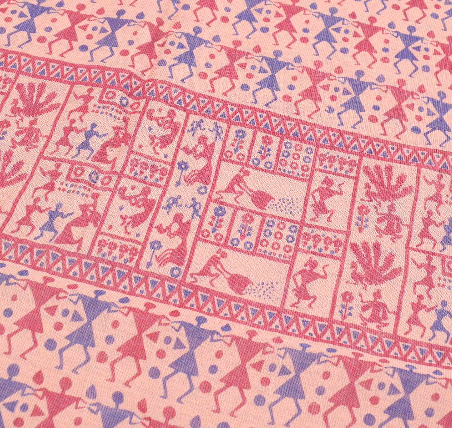 Sushila Vintage Peach Saree Pure Cotton Silk Hand Printed Warli Art Sari Fabric