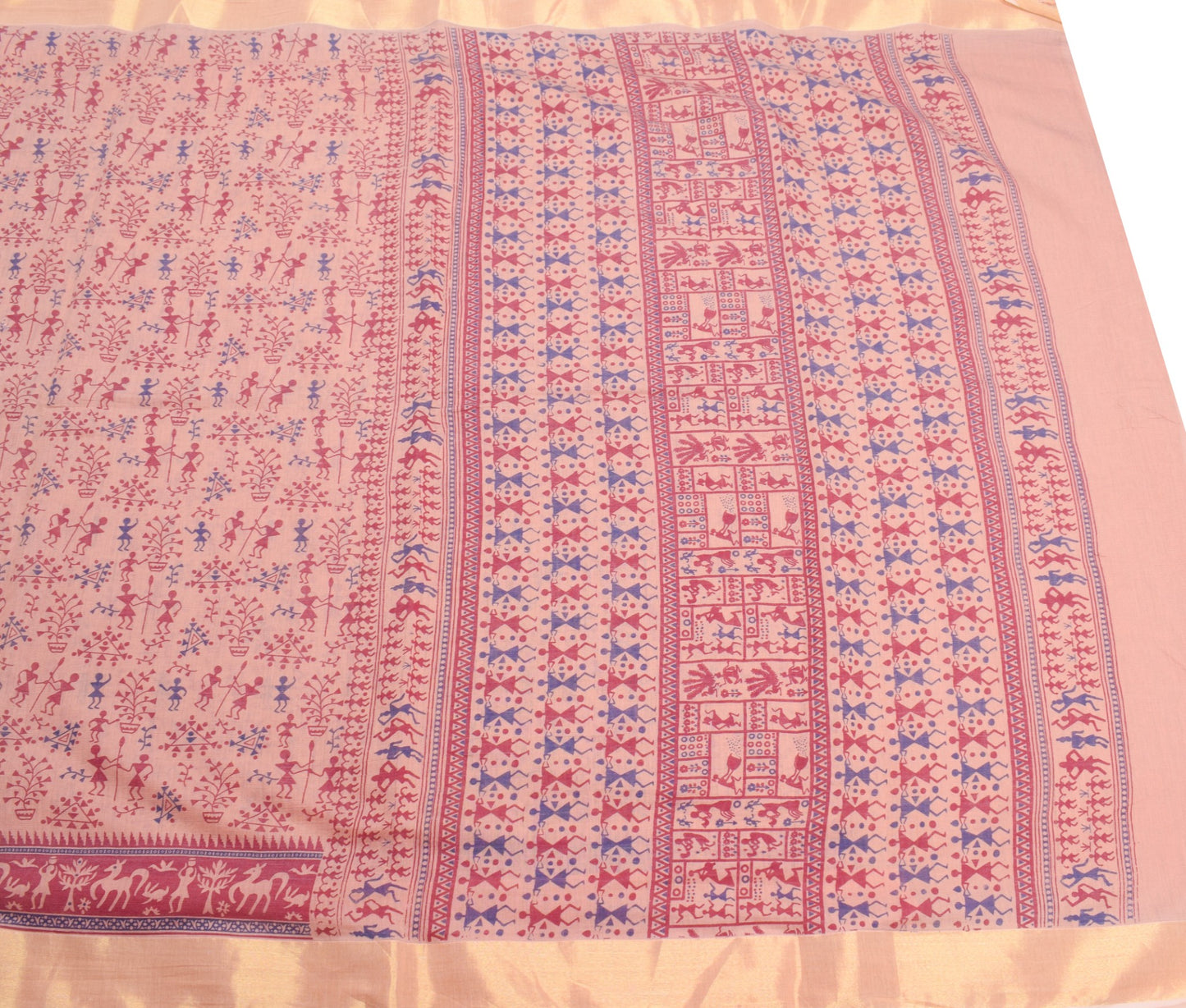 Sushila Vintage Peach Saree Pure Cotton Silk Hand Printed Warli Art Sari Fabric