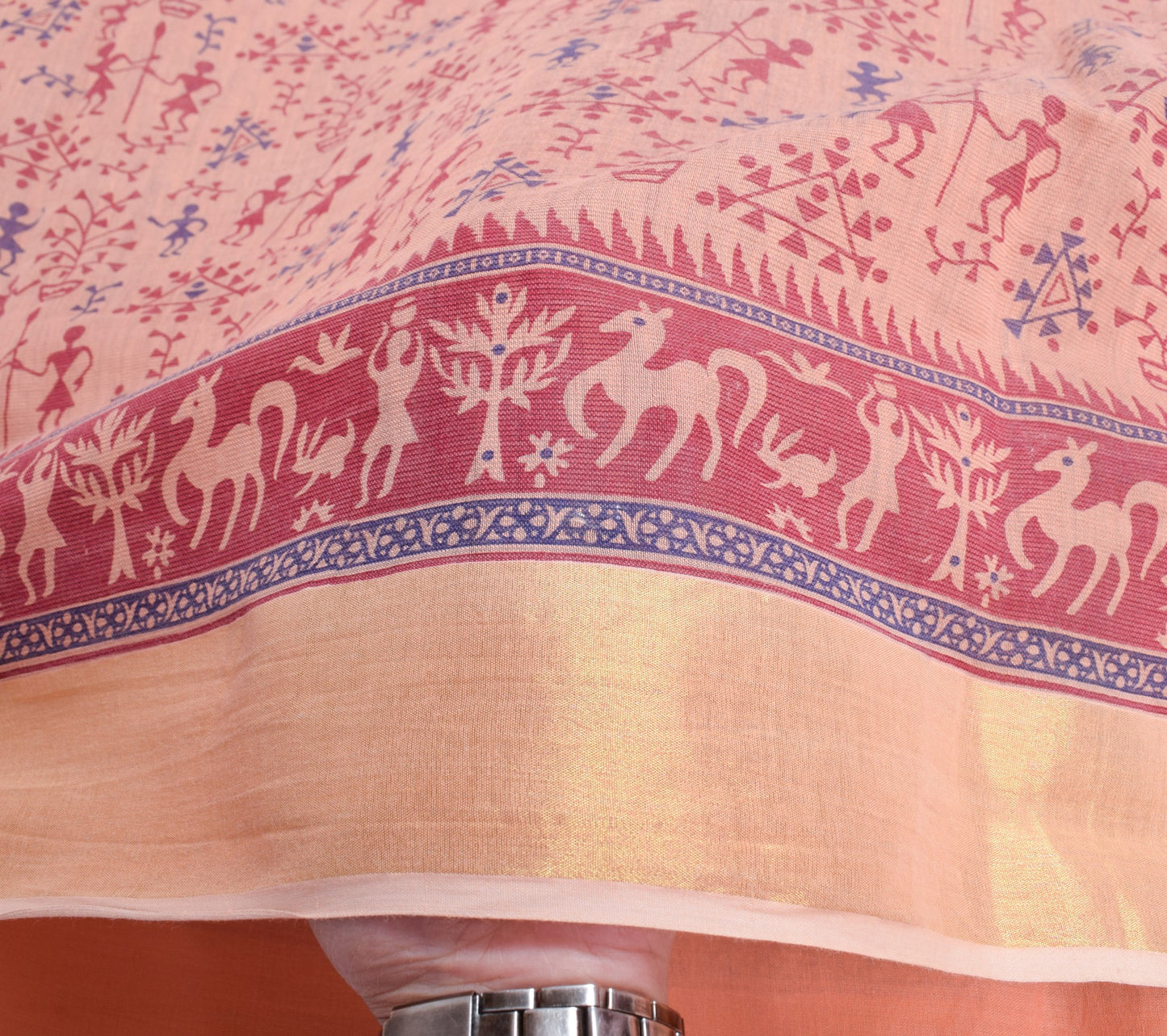 Sushila Vintage Peach Saree Pure Cotton Silk Hand Printed Warli Art Sari Fabric