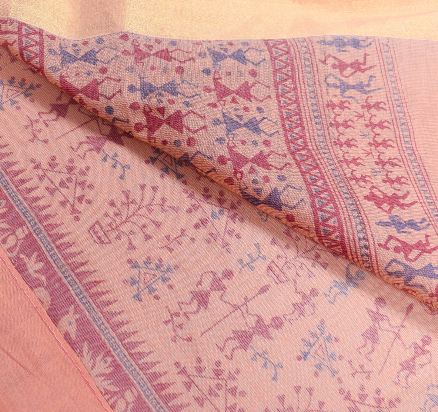 Sushila Vintage Peach Saree Pure Cotton Silk Hand Printed Warli Art Sari Fabric
