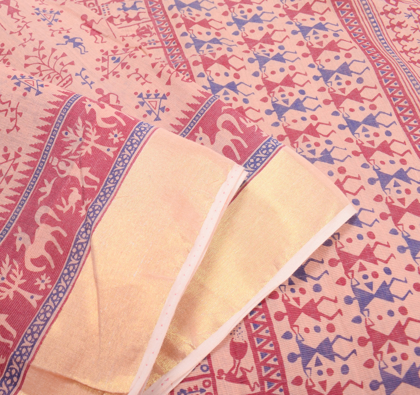 Sushila Vintage Peach Saree Pure Cotton Silk Hand Printed Warli Art Sari Fabric
