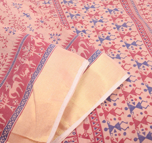 Sushila Vintage Peach Saree Pure Cotton Silk Hand Printed Warli Art Sari Fabric