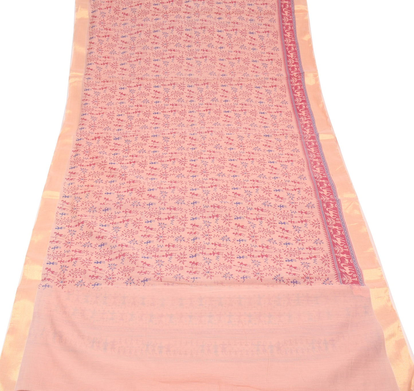 Sushila Vintage Peach Saree Pure Cotton Silk Hand Printed Warli Art Sari Fabric