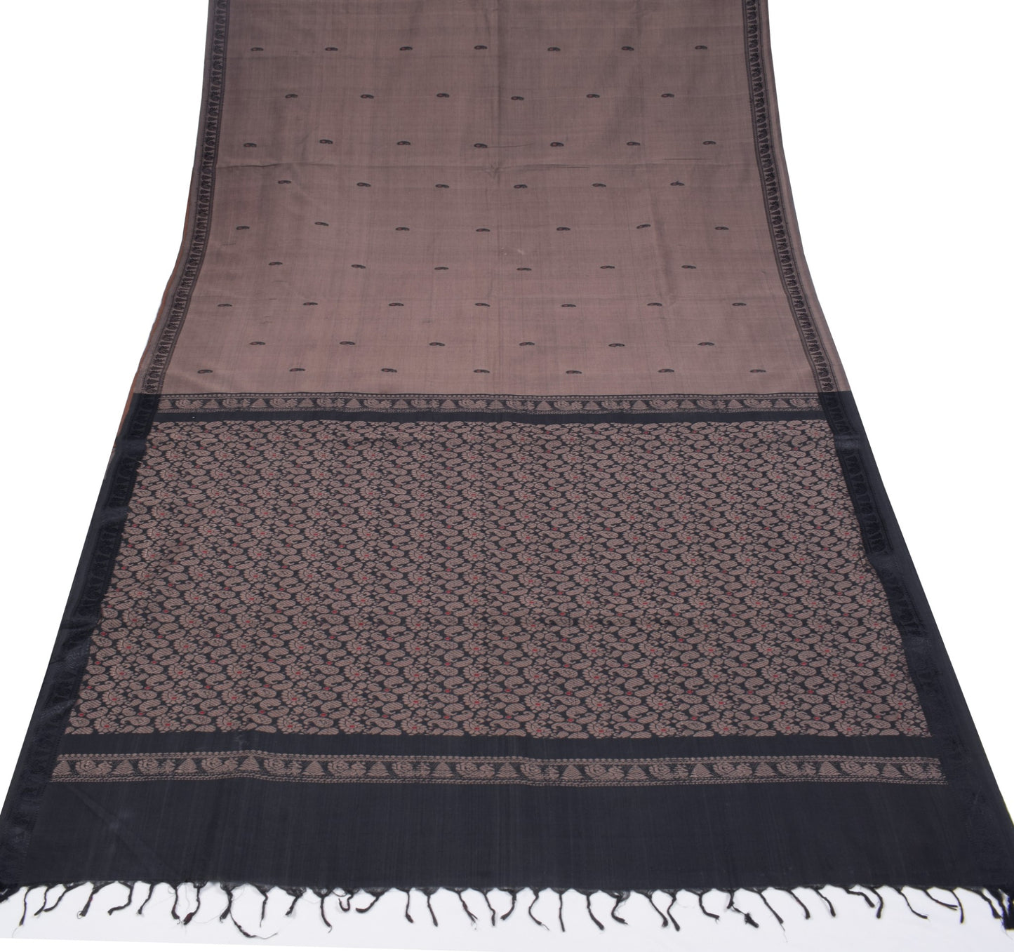 Sushila Vintage Pure Cotton Saree Hand Woven Paisley Peacock Border Sari Fabric