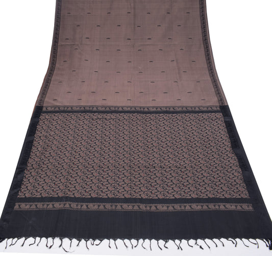 Sushila Vintage Pure Cotton Saree Hand Woven Paisley Peacock Border Sari Fabric