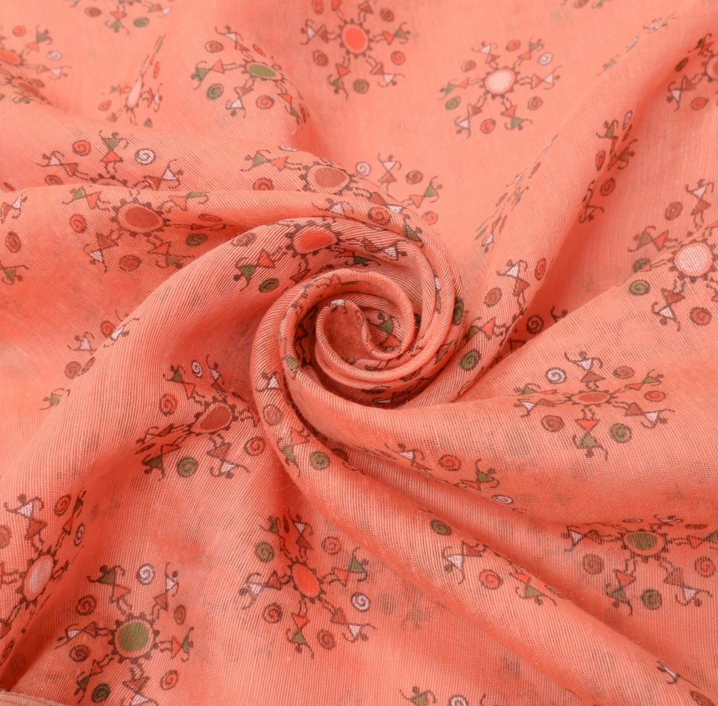 Sushila Vintage Peach Saree 100%Pure Cotton Silk Warli Print & Woven Sari Fabric