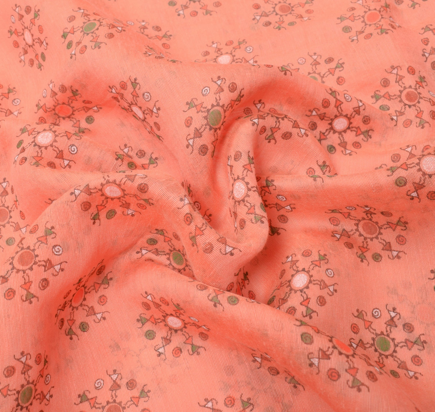 Sushila Vintage Peach Saree 100%Pure Cotton Silk Warli Print & Woven Sari Fabric