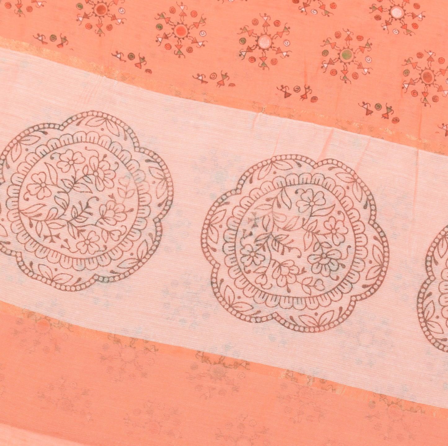 Sushila Vintage Peach Saree 100%Pure Cotton Silk Warli Print & Woven Sari Fabric
