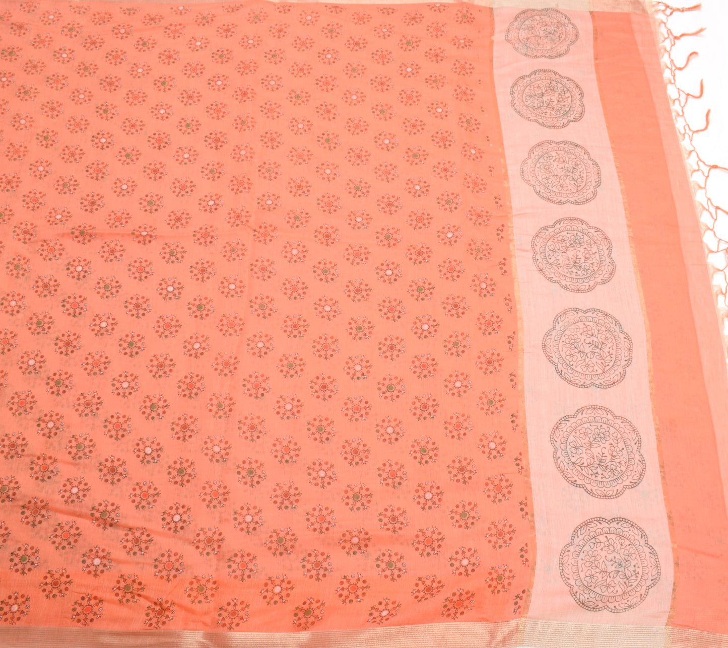 Sushila Vintage Peach Saree 100%Pure Cotton Silk Warli Print & Woven Sari Fabric